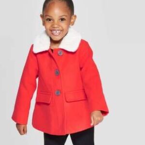 Cat & Jack Red and White Pea Coat with Faux Fur Collar